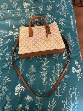 Michael Kors Beige Signature Logo Satchel with Brown Trim